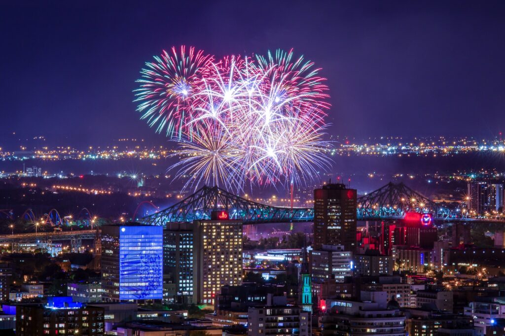 Fireworks over city of Montreal Canada